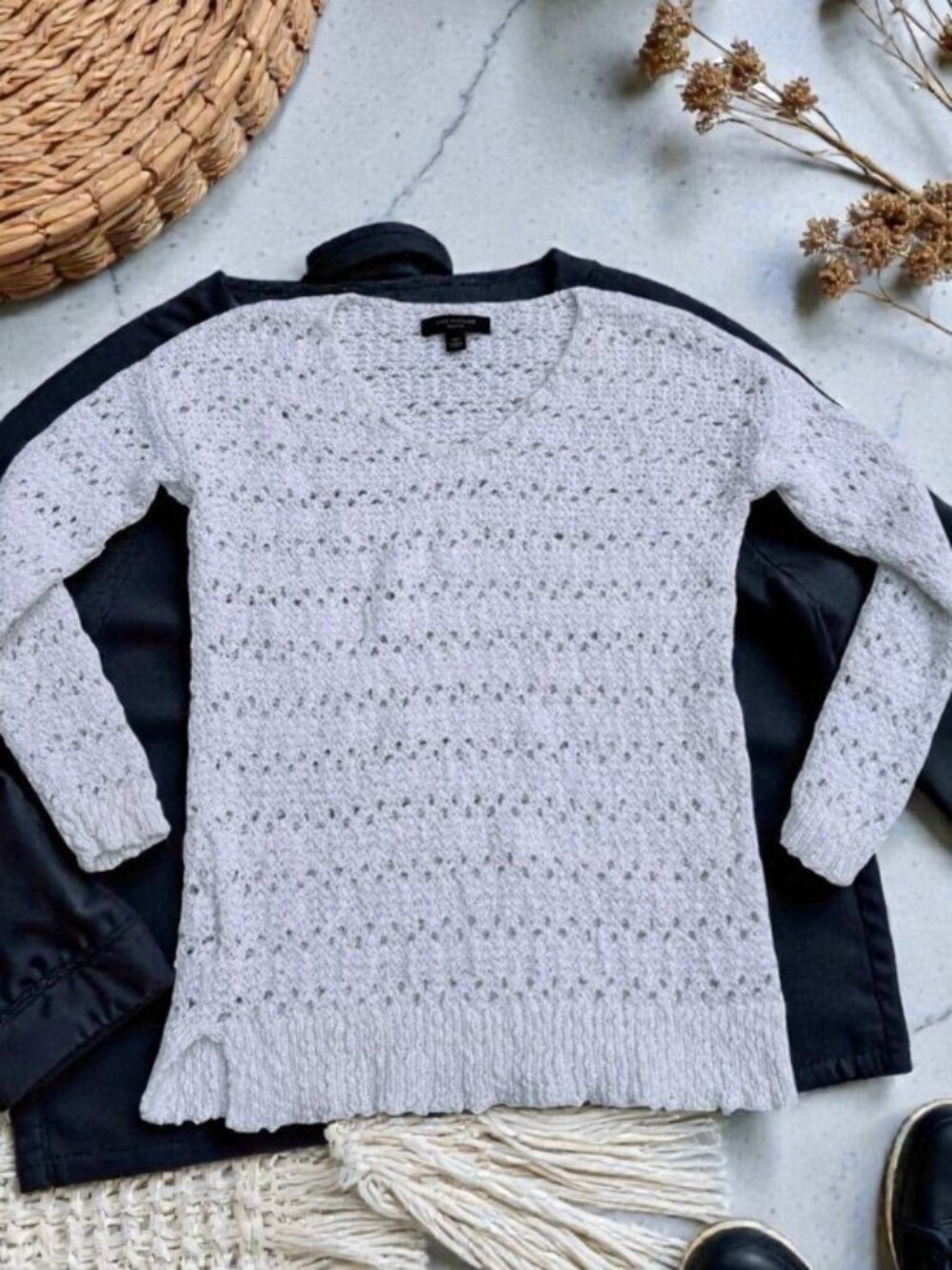 Ann Taylor White Open Knit Crochet Sweater Top Size Small Petite Cotton Blend